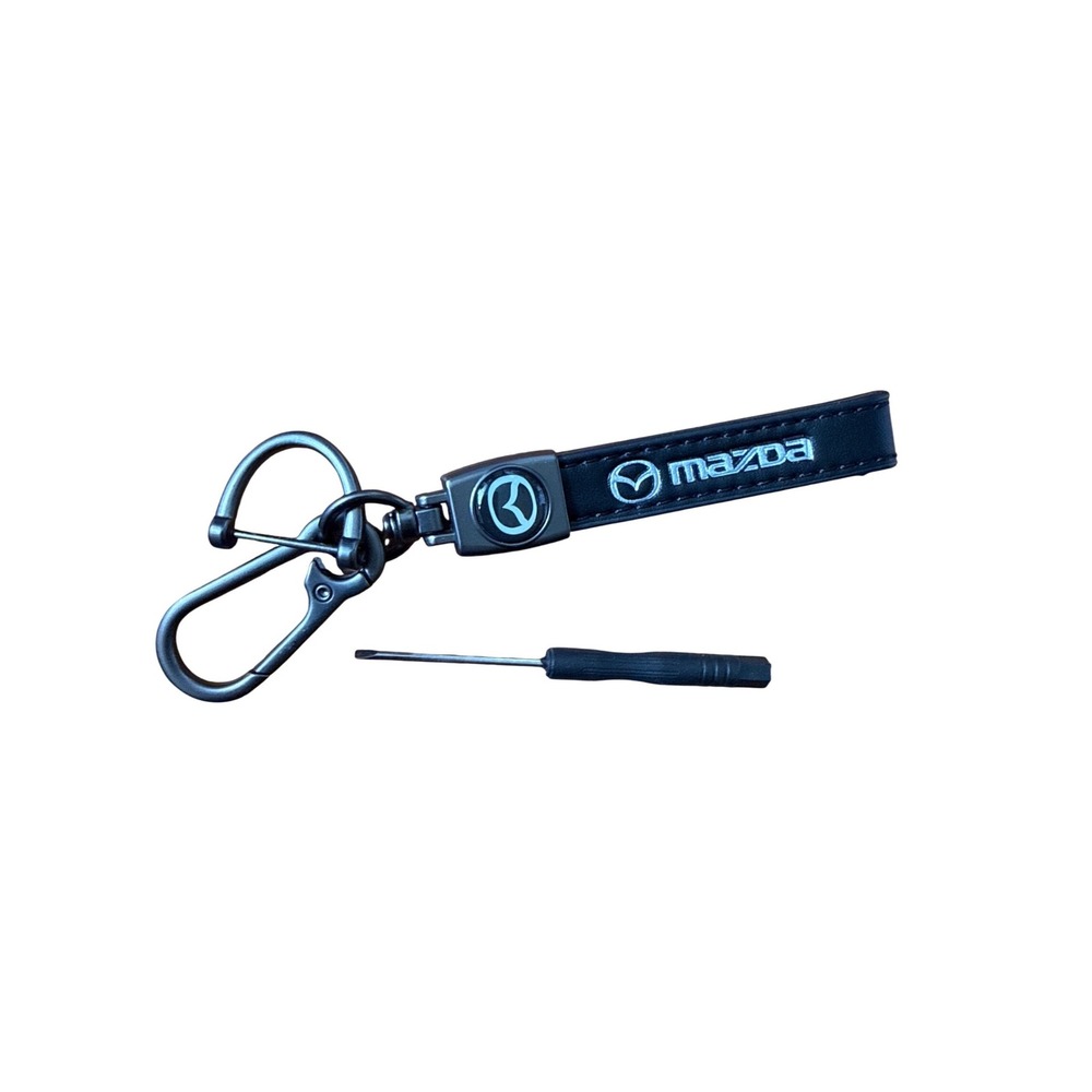 Mazda Black Leather Keychain Carabiner Clip with Mini Screwdriver Tool Accessory